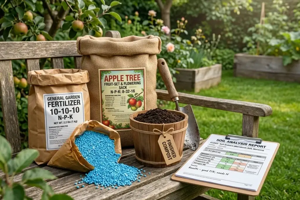 apple tree fertilizer NPK label, finished compost, and soil test report on a garden bench