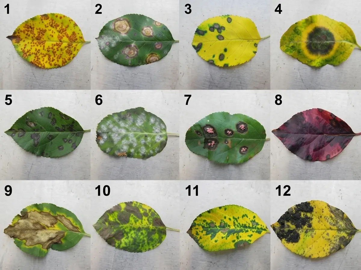 Apple leaf comparison showing scab, rust, and powdery mildew symptoms