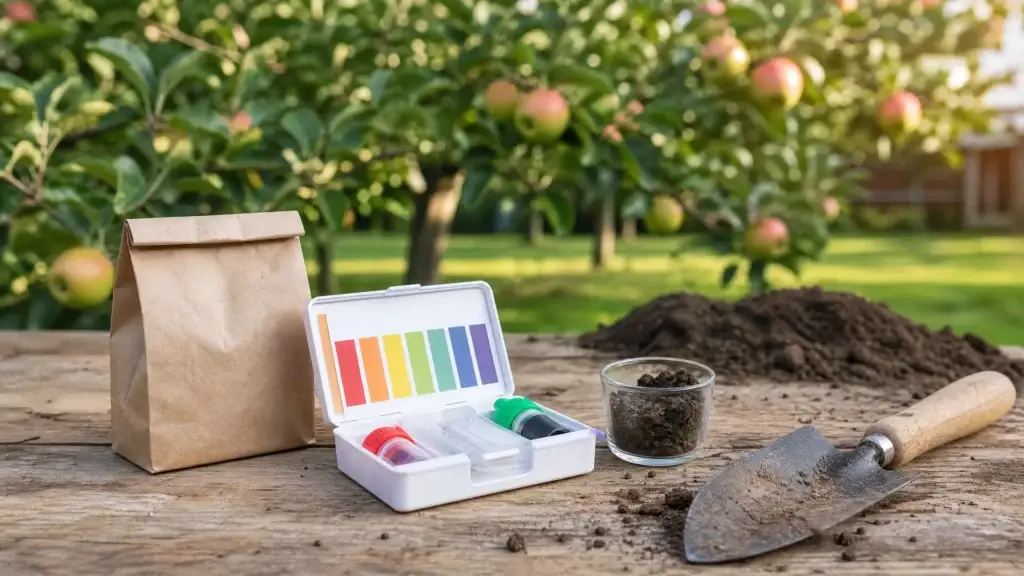 soil pH test kit for fruit trees beside a soil sample from an apple orchard