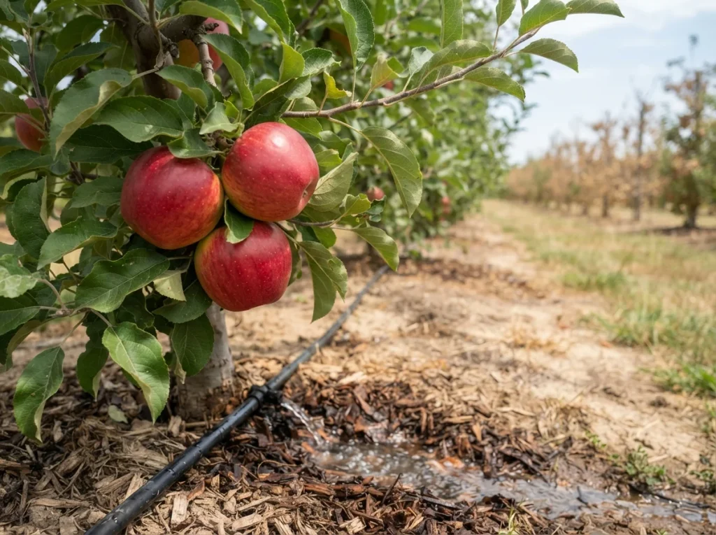 apple tree watering during a summer dry spell across a mulched root zone