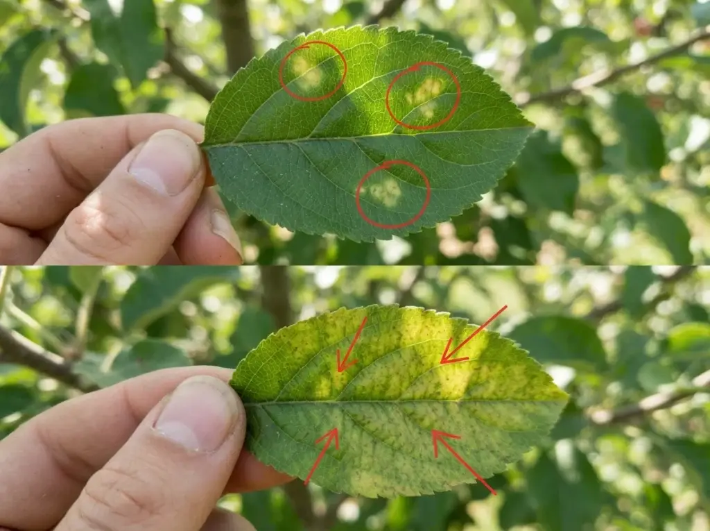 common apple tree diseases shown as realistic scab, rust, blight, and fruit rot symptoms