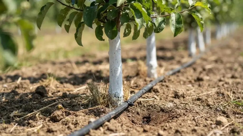 apple tree not fruiting after pruning — close-up of bare fruiting spurs on dormant apple branch in winter orchard
