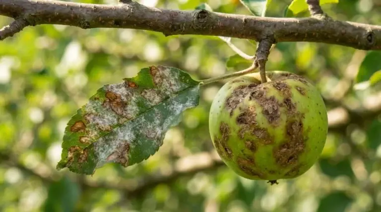 apple tree diseases on leaves and fruit in a backyard orchard