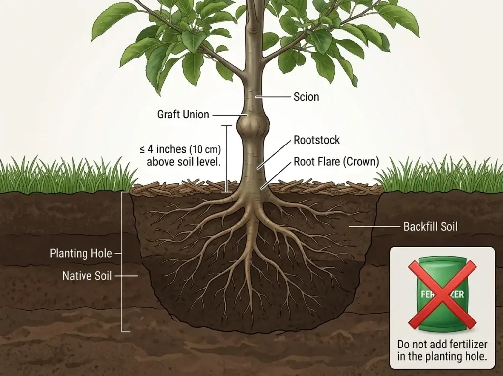 apple tree soil requirements shown by visible root flare and correct planting depth