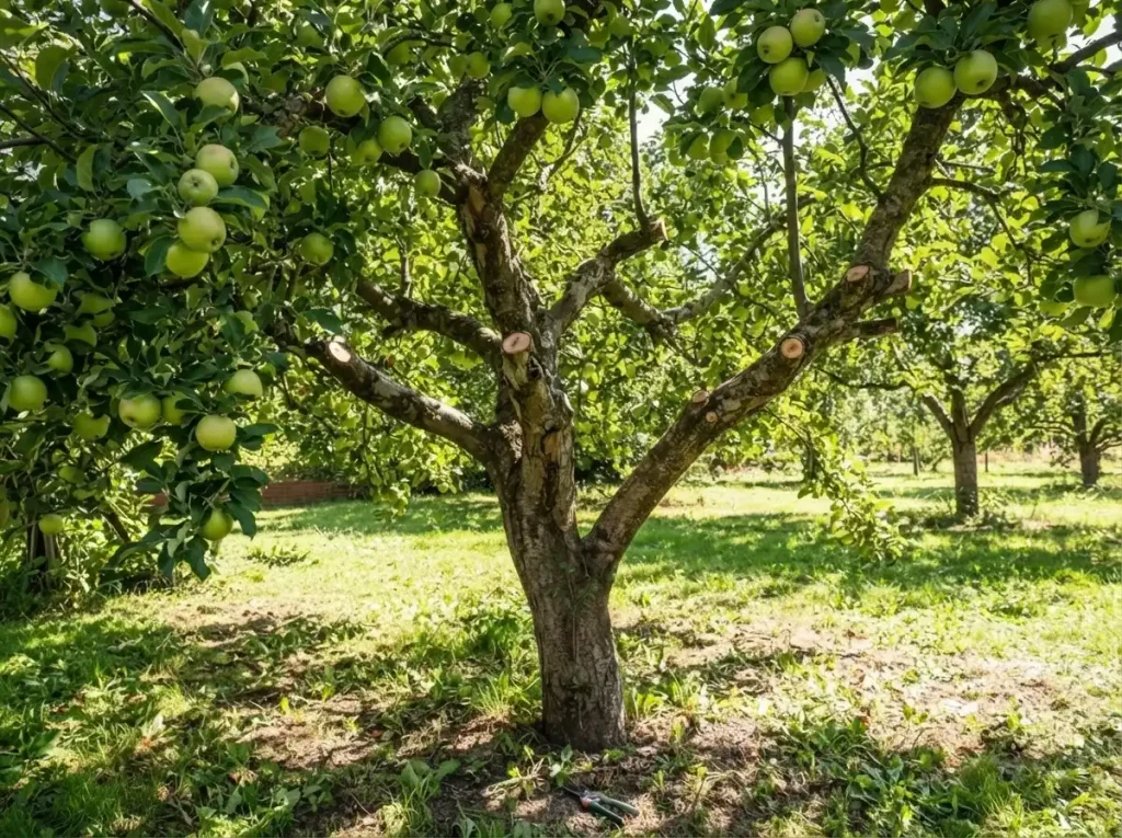 apple tree pruning in summer — open canopy showing light reaching lower scaffolds