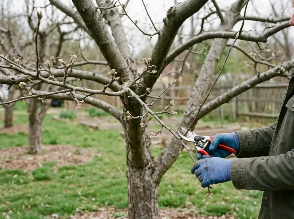 apple tree recovery after pruning with open canopy and retained fruiting branches