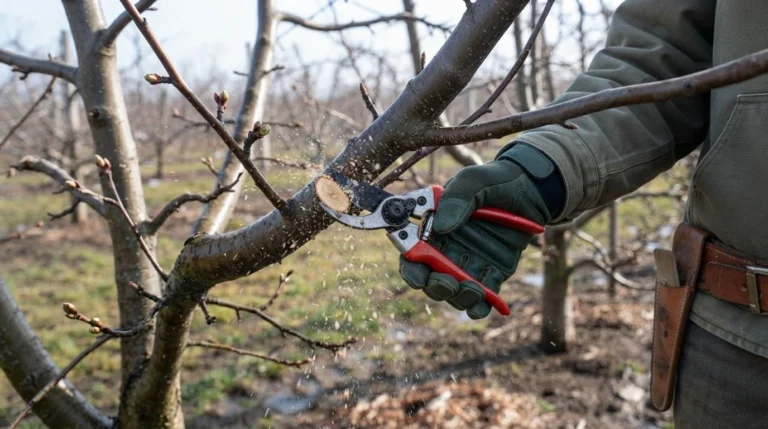 apple tree pruning — gardener making a thinning cut on a scaffold branch in early spring