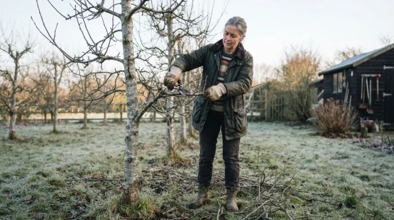 when to prune apple trees — home orchardist making dormant pruning cut on bare apple tree in late winter