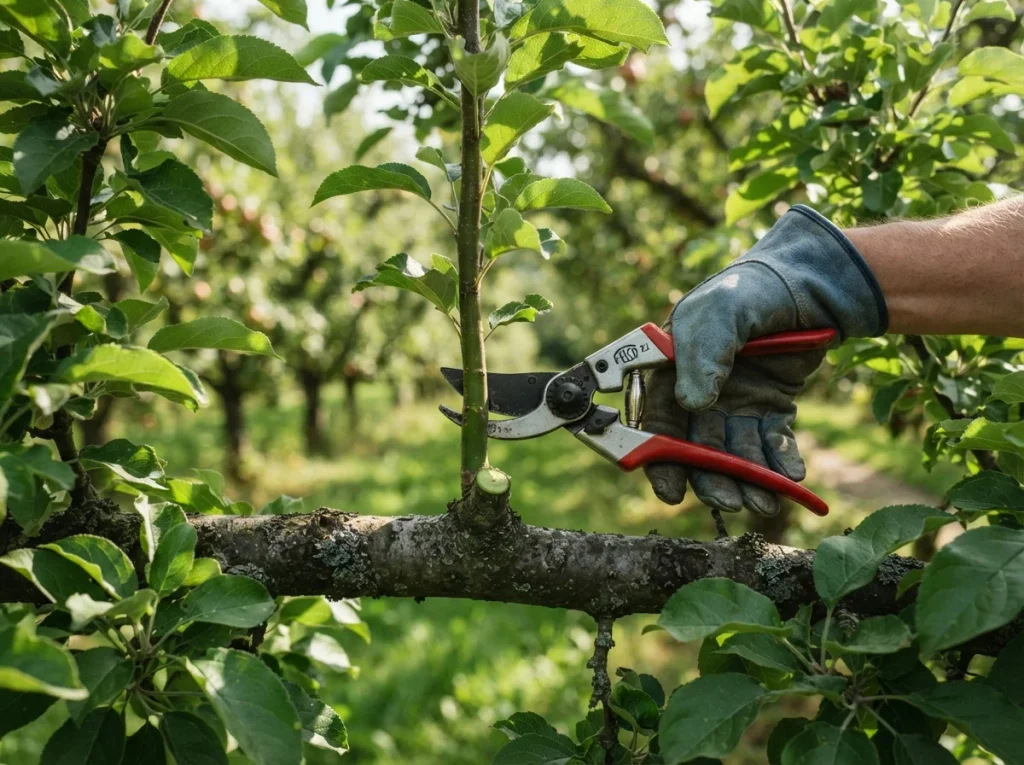 pruning apple trees in summer — removing water sprouts from scaffold branch of established apple tree