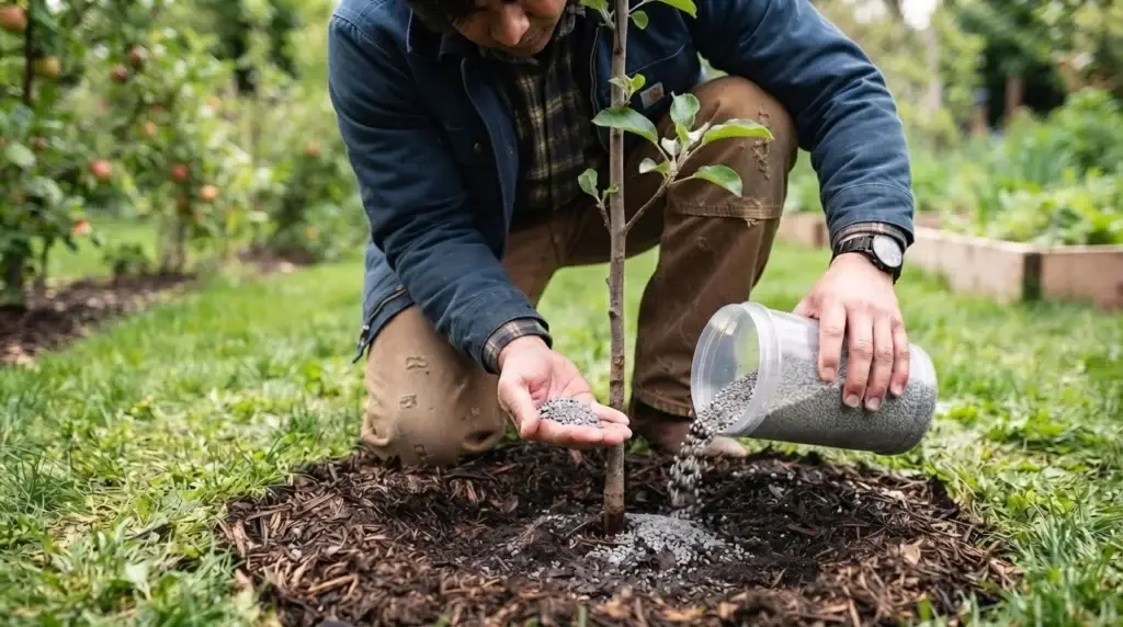 best fertilizer for apple trees beside a healthy backyard apple tree