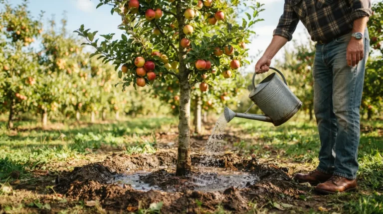 apple tree watering with a slow hose over a mulched backyard root zone