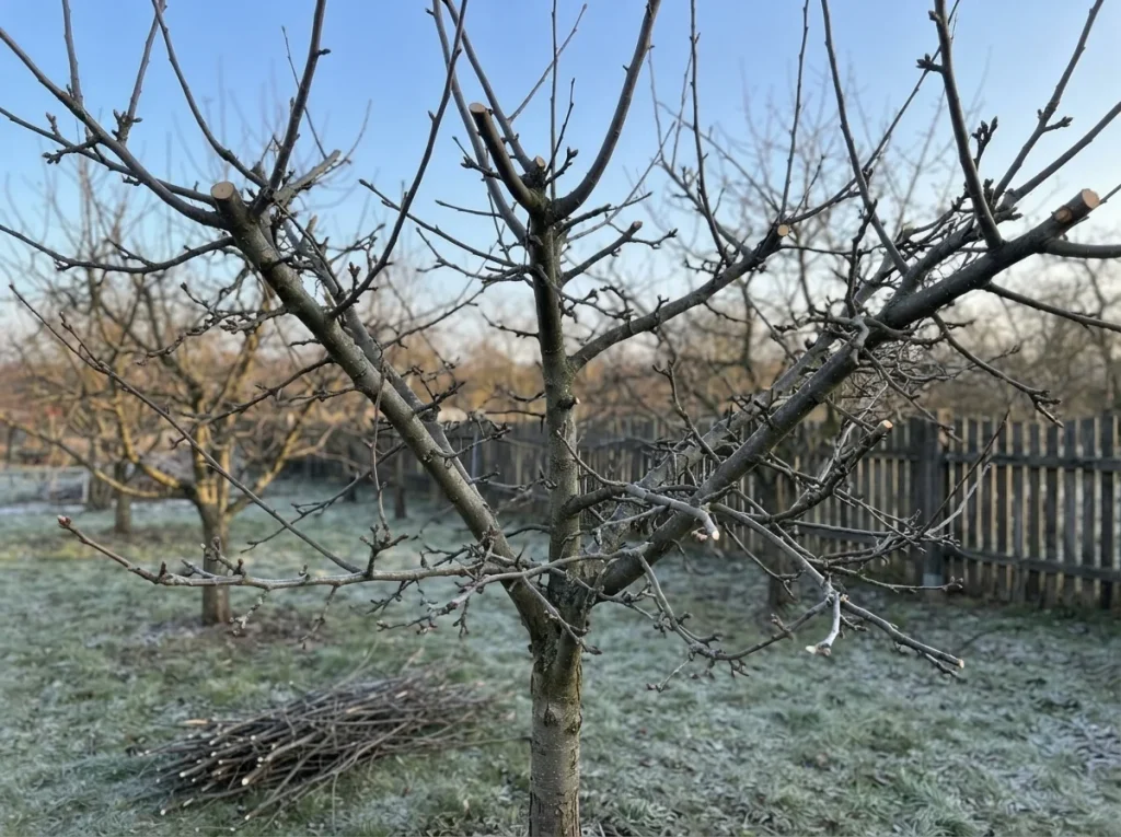 dormant apple tree winter pruning — bare apple tree canopy showing branch structure in backyard orchard