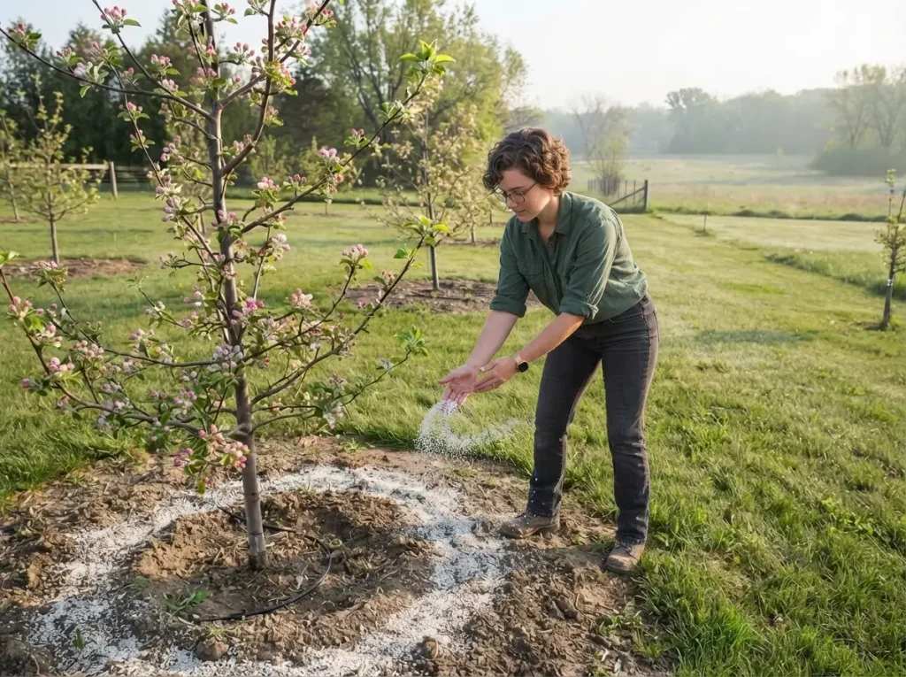 fertilizing apple trees in spring, granular fertilizer broadcast around drip line under early spring apple tree