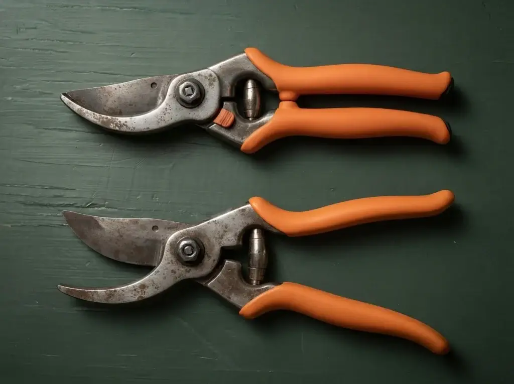 bypass vs anvil pruners apple trees — side by side comparison of blade styles on a workbench