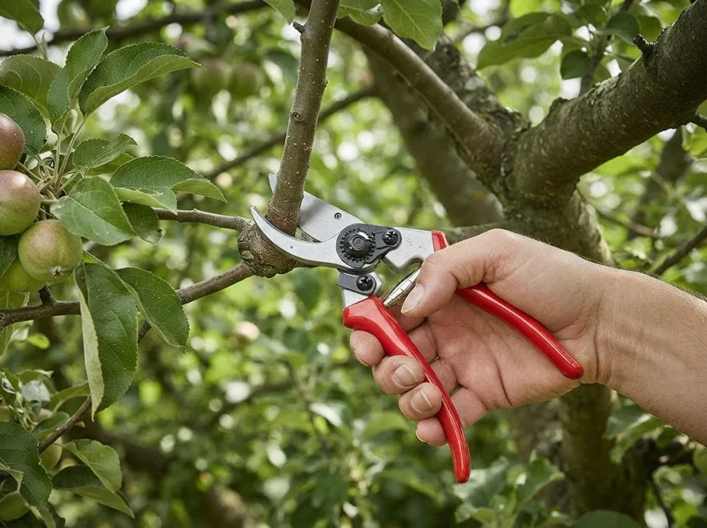 apple tree pruning cut technique — close-up of bypass pruner making thinning cut at branch collar on apple tree