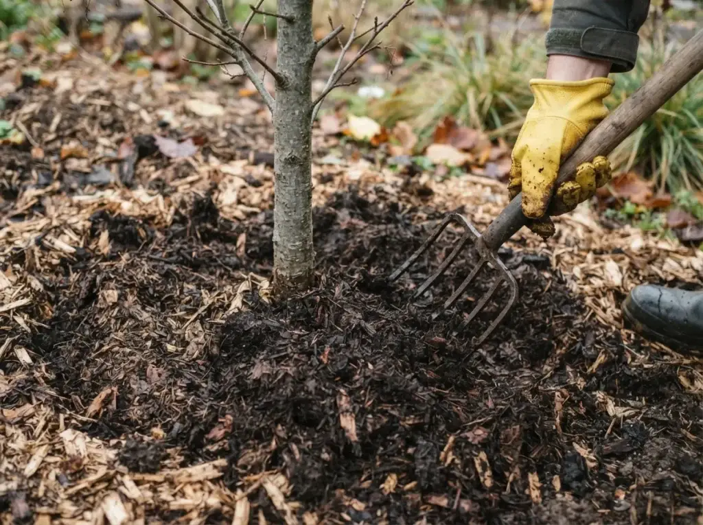 representative soil sample collection beneath an apple tree for a soil pH test kit