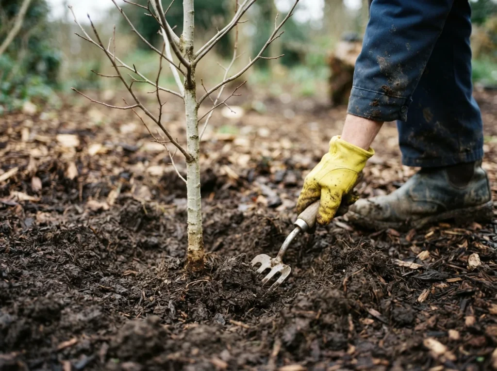 organic apple tree fertilizer, compost mulch layer applied around base of backyard apple tree