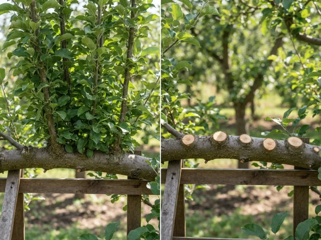 apple tree pruning in summer — dense canopy before and after water sprout removal