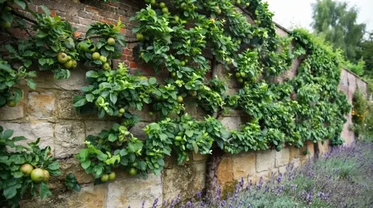 espalier apple tree — mature three-tier horizontal cordon trained against a brick garden wall in full fruit