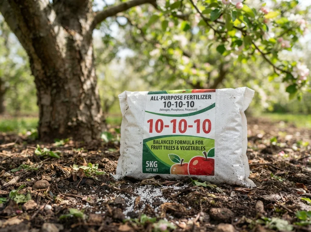 apple tree fertilizer NPK label, fertilizer bag showing nitrogen phosphorus potassium numbers beside apple tree trunk