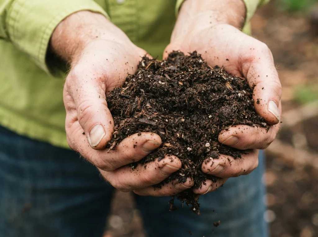 apple tree fertilizer organic — close-up of dark finished compost texture with shovel in garden bed