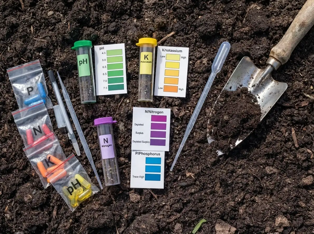 orchard record beside a soil pH test kit for fruit trees and dated sample notes