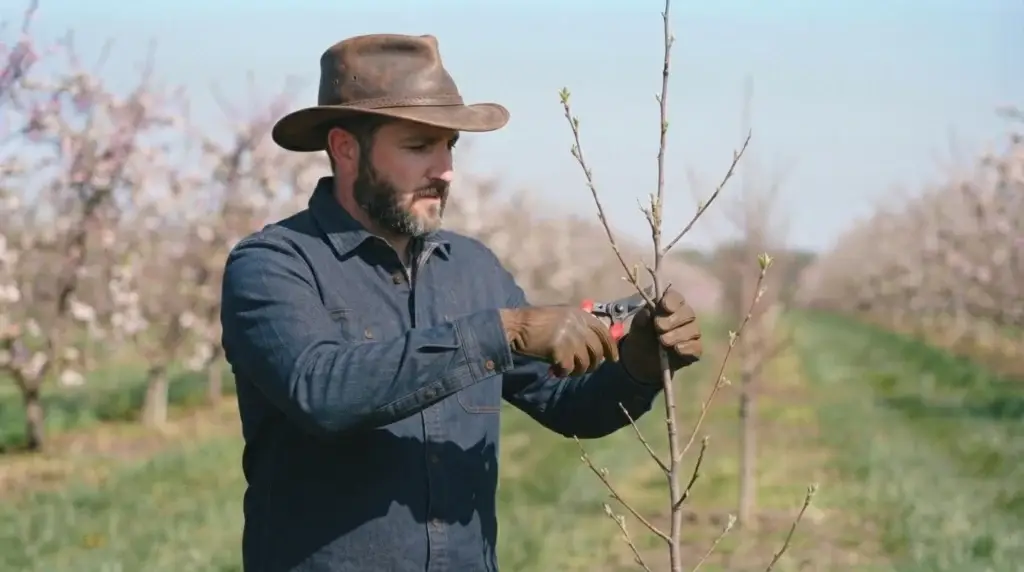 open center apple tree pruning — gardener pruning young apple tree in late winter backyard orchard