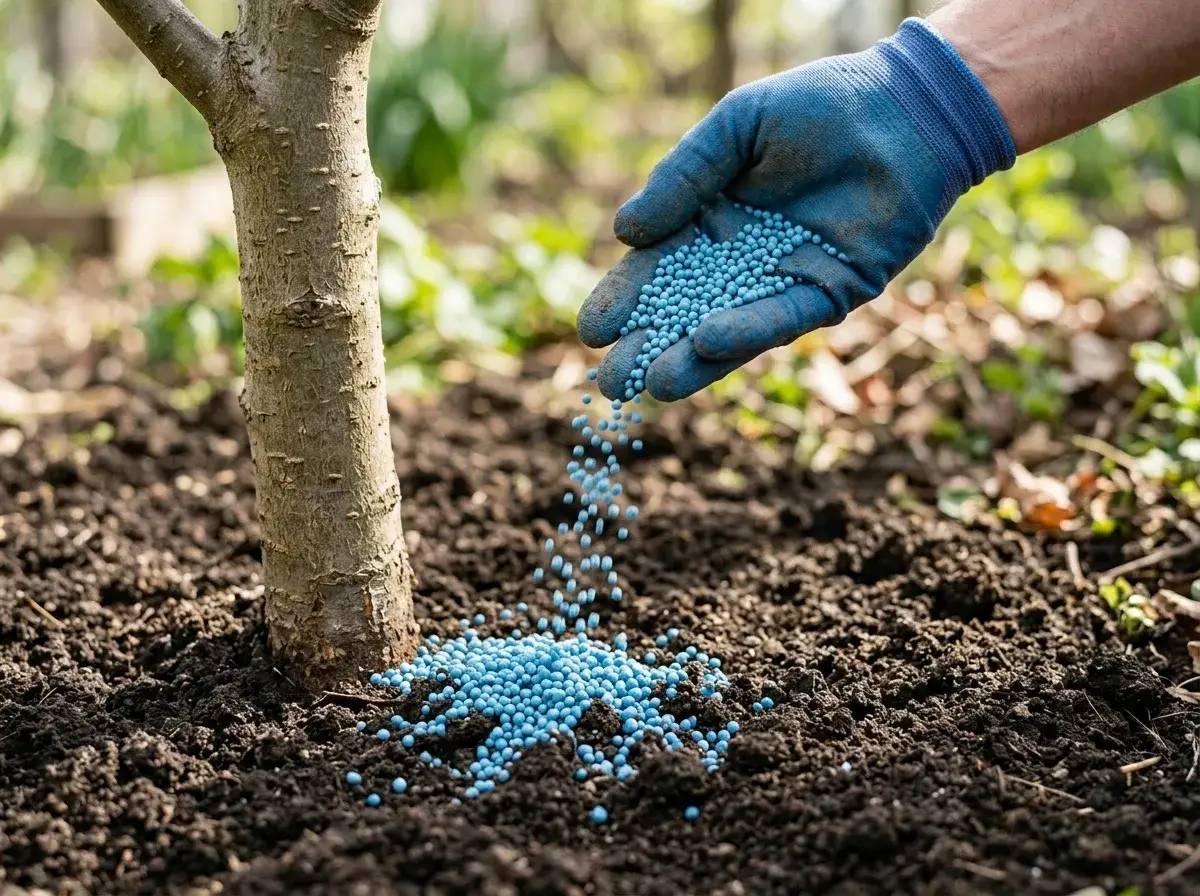 gardener spreading granular fertilizer tree