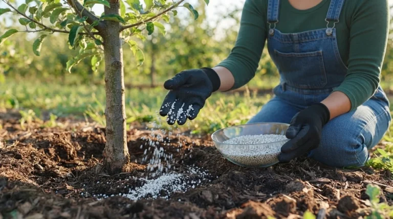 apple tree fertilizer, gardener broadcasting granular fertilizer around backyard apple tree drip line in early spring