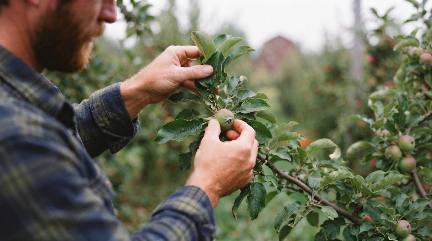 Apple tree orchard rows with red fruit ready for harvest