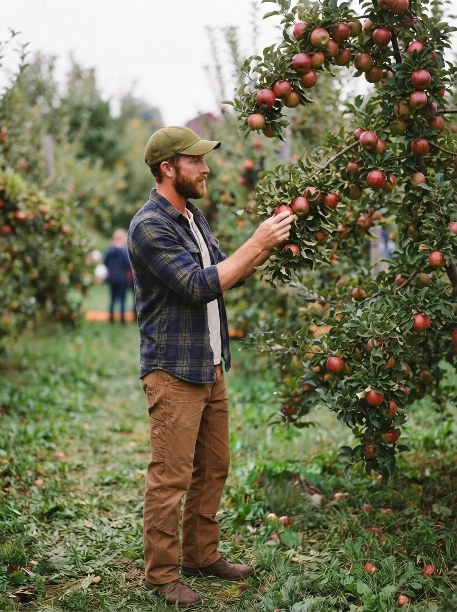 Me examining apple tree leaves and developing fruit in his orchard