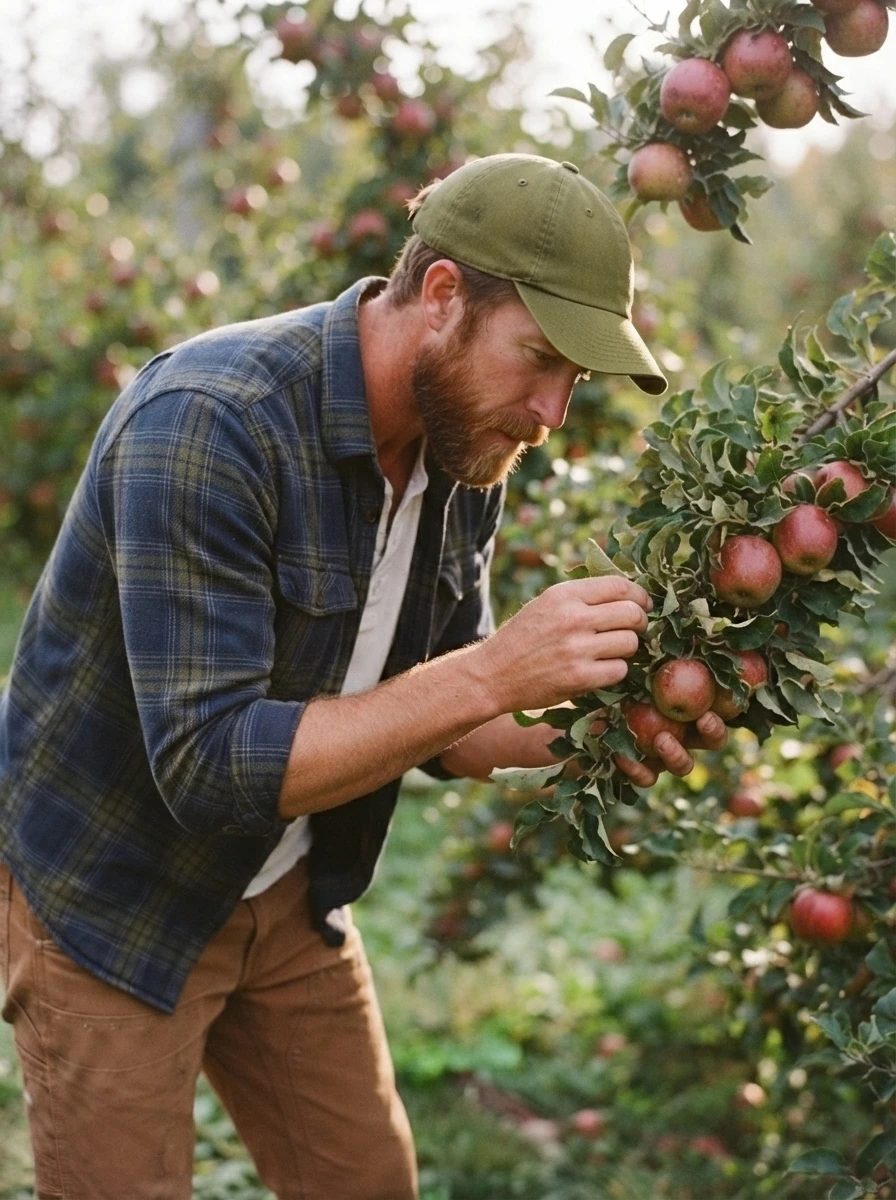 Me inspecting apple tree branches in a Pacific Northwest orchard