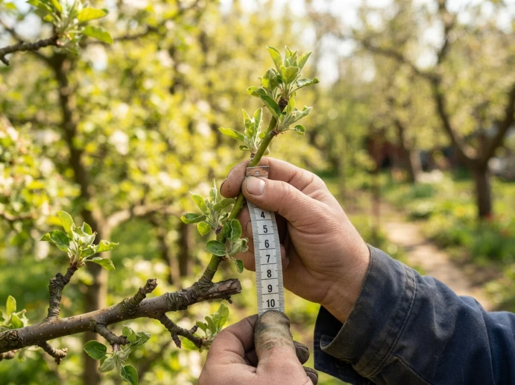 apple tree shoot growth measurement, gardener holding ruler next to new branch extension in spring