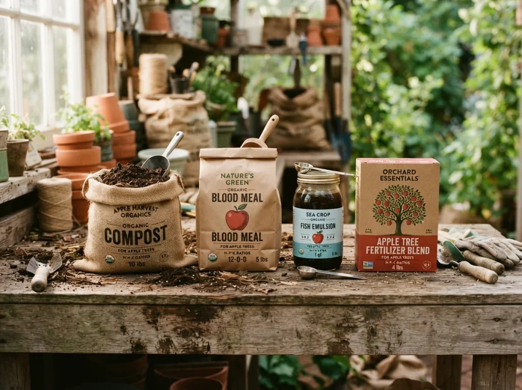 best organic fertilizer for apple trees — four organic amendment options laid out on a potting bench including compost blood meal and fish emulsion