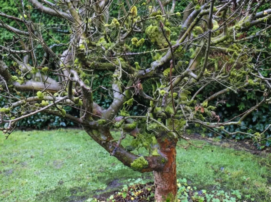 apple tree pruning — unpruned tree with dense overlapping branches and water sprouts