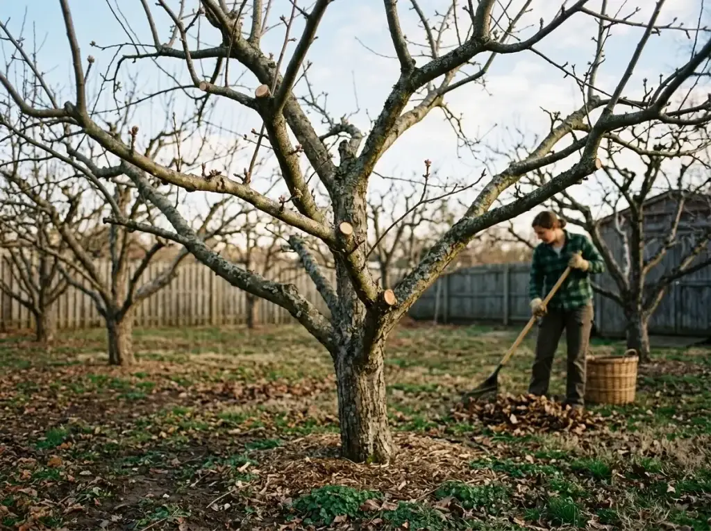 apple tree disease prevention with open canopy pruning and fallen-leaf sanitation