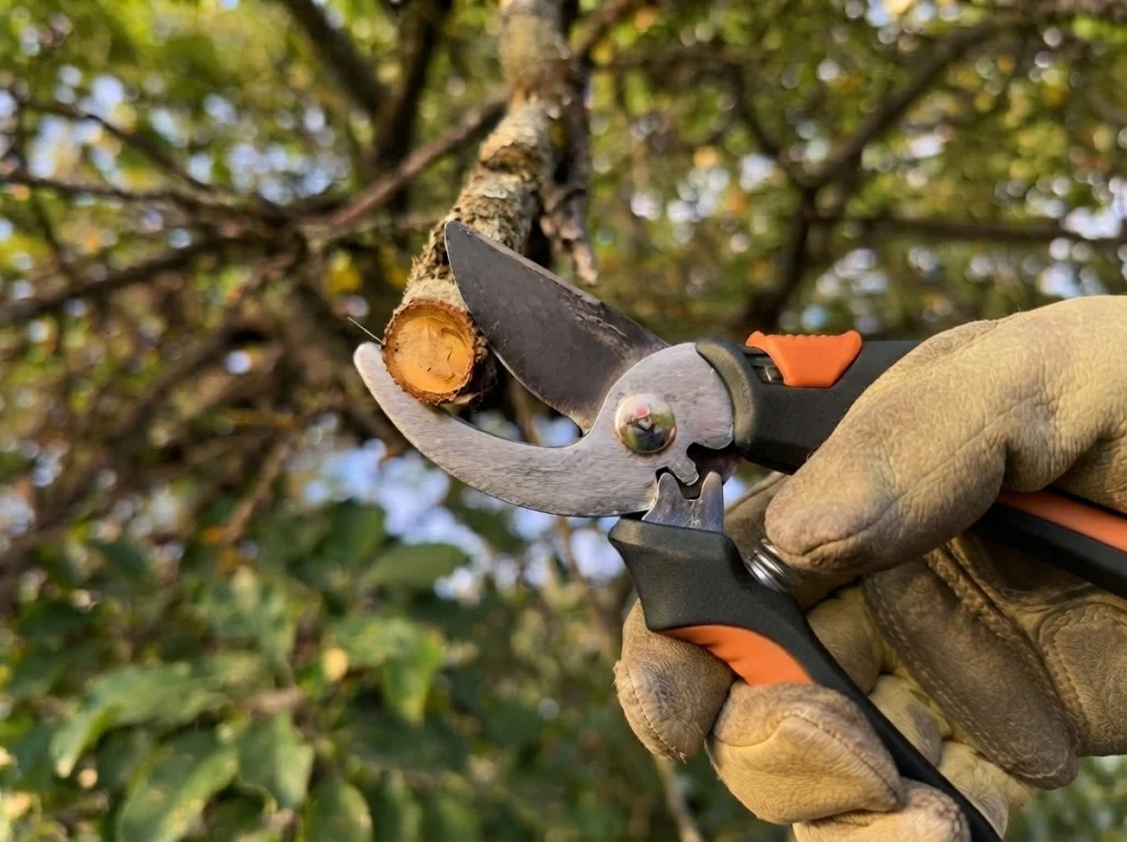 pruning tools for apple trees — clean bypass cut on a small apple tree branch showing smooth wound callus