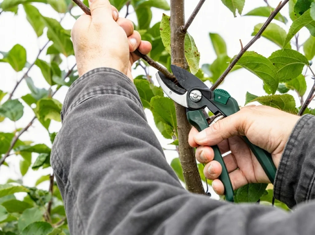 summer pruning apple tree — gardener making thinning cut at branch collar