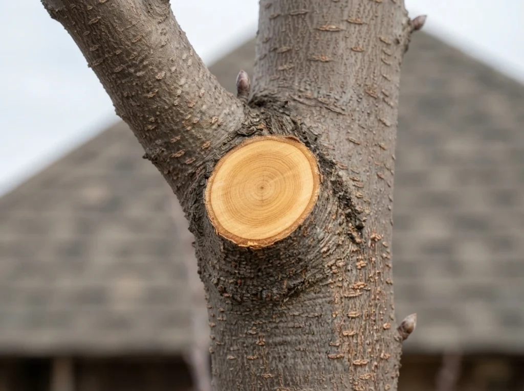 apple tree pruning cuts — close-up of branch collar cut on dormant apple tree scaffold
