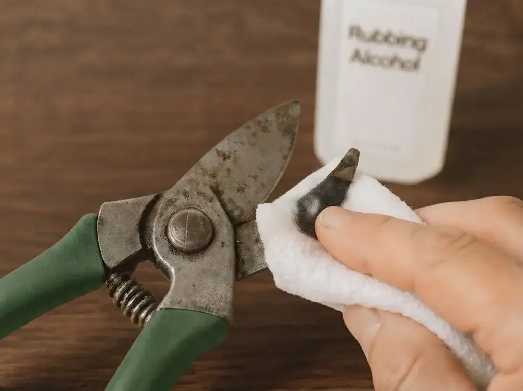 how to sanitize pruning tools apple tree — blade being dipped in isopropyl alcohol solution in a small container