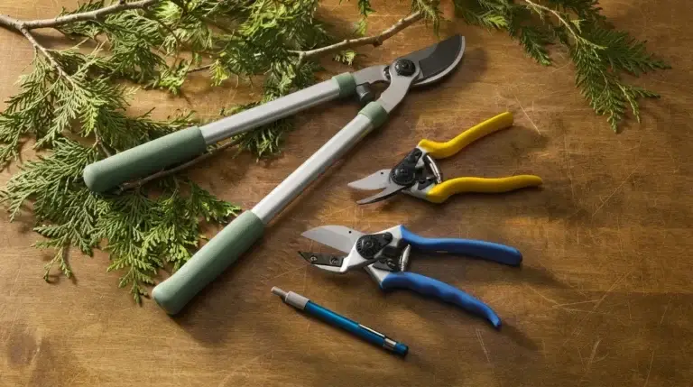 apple tree pruning tools — bypass hand pruners, loppers, and pruning saw laid out on a wooden surface