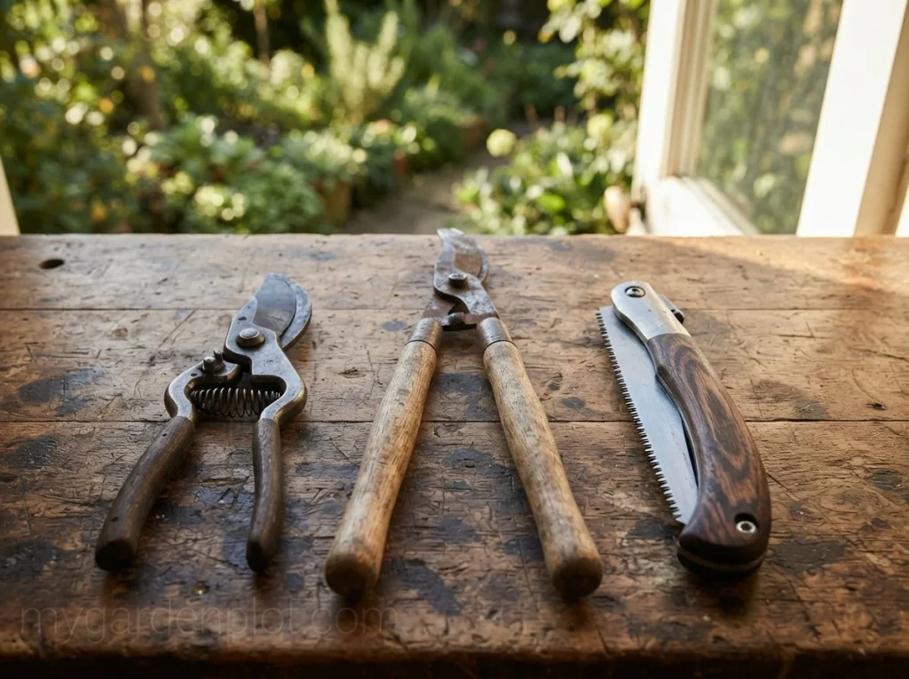 apple tree pruning tools — hand pruners loppers and pruning saw laid out on wooden surface