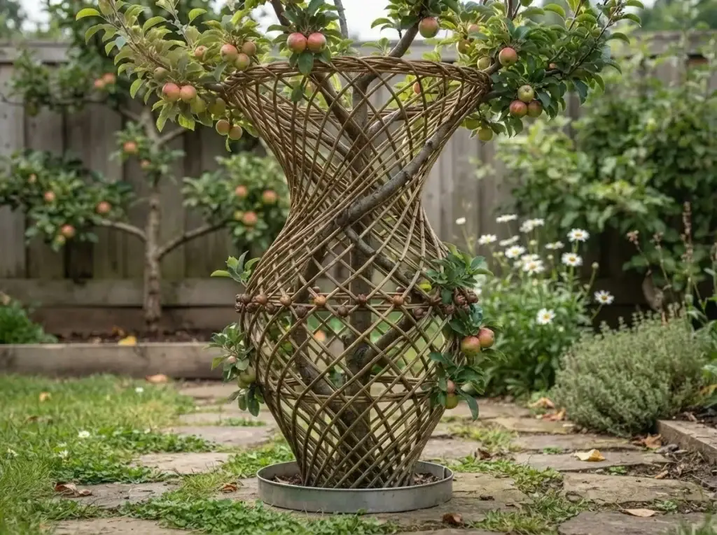 open center vase shaped apple tree — mature backyard apple tree with bowl-shaped open canopy and 3 scaffold branches