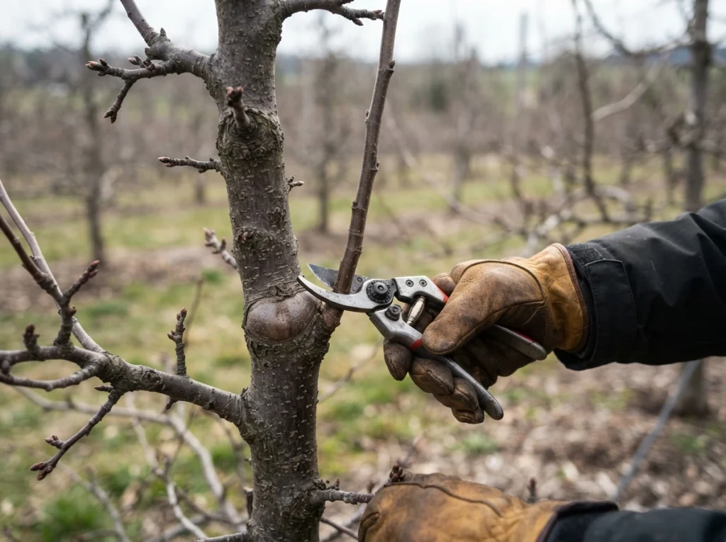 pruning apple trees — gardener removing water sprout from scaffold branch at base
