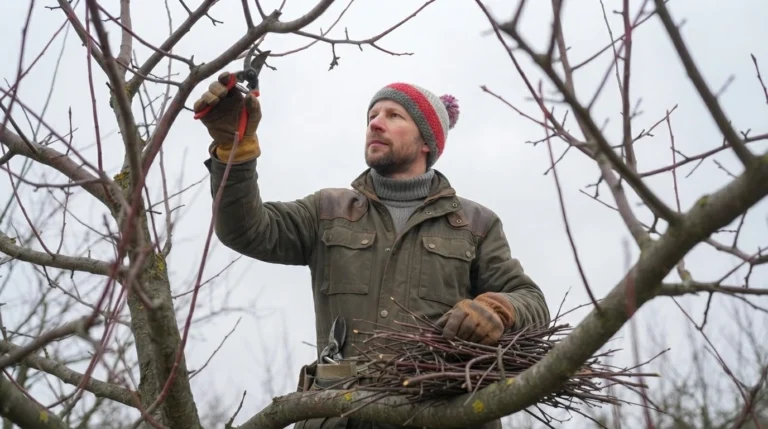 apple tree pruning in winter — gardener making dormant pruning cut on bare apple tree branches in late winter
