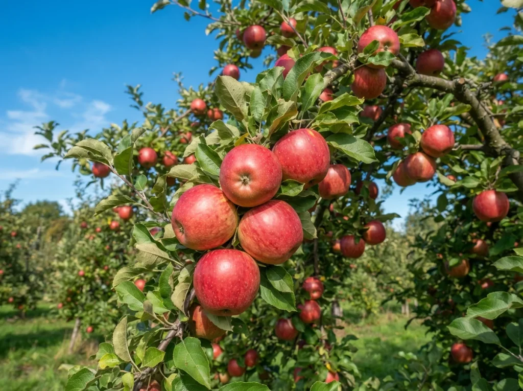 Liberty apple tree home orchard — clusters of deep red Liberty apples on a semi-dwarf tree in early October