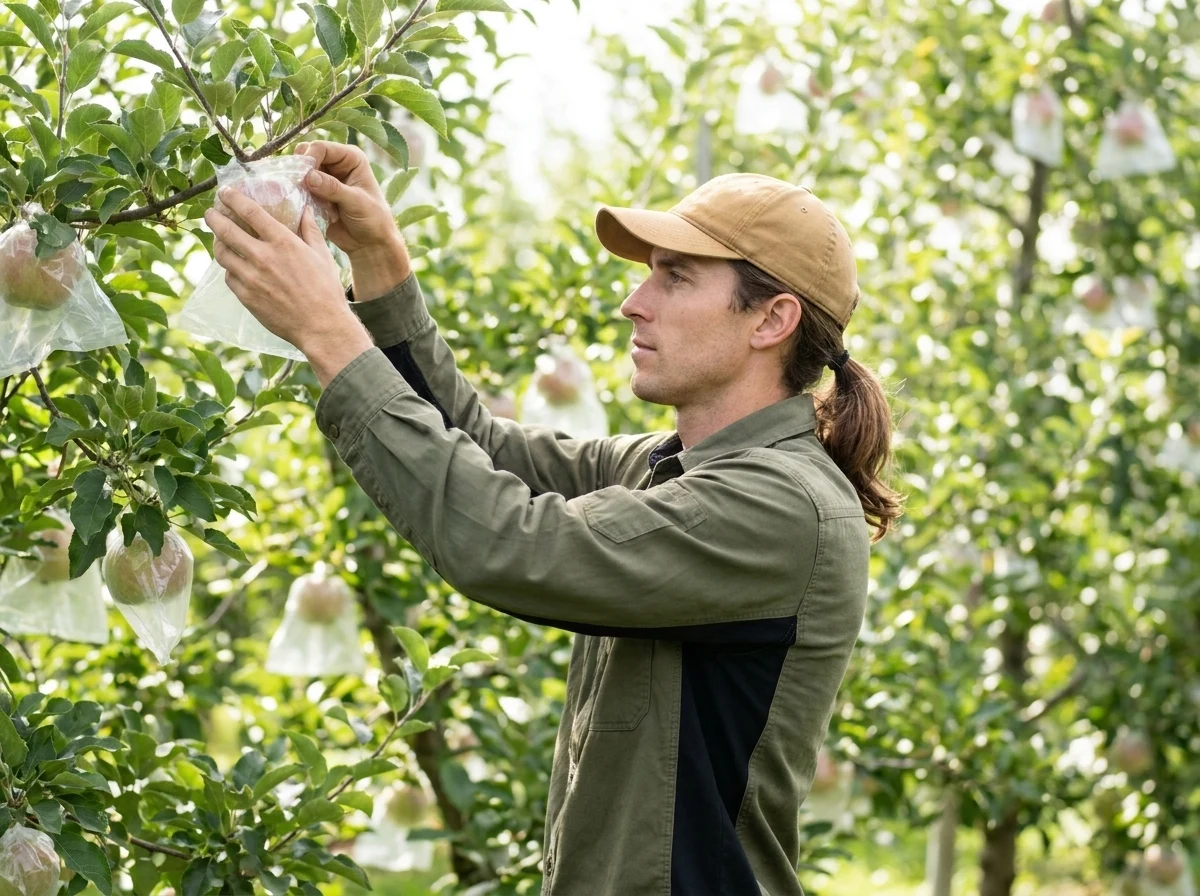 Organic apple pest prevention using a fruit bag with small drainage openings and an unconstricted stem