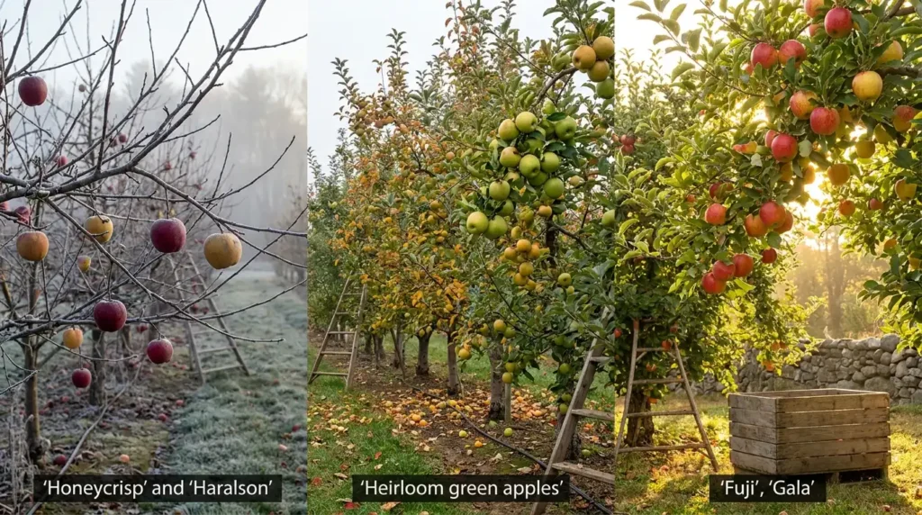 apple tree varieties by zone, labeled comparison of apples from cold and warm climates