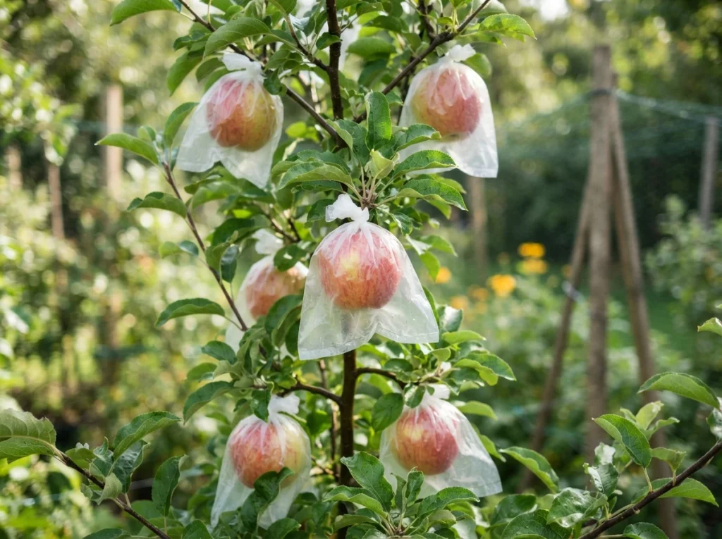 Apple fruit protection bag fitted around one developing apple on a backyard tree
