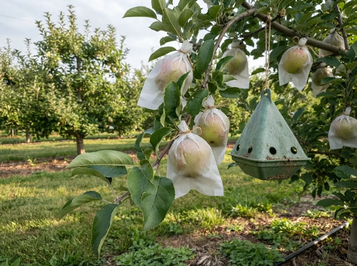 apple tree pest control identification workflow with fruit bags, trap, and beneficial insect